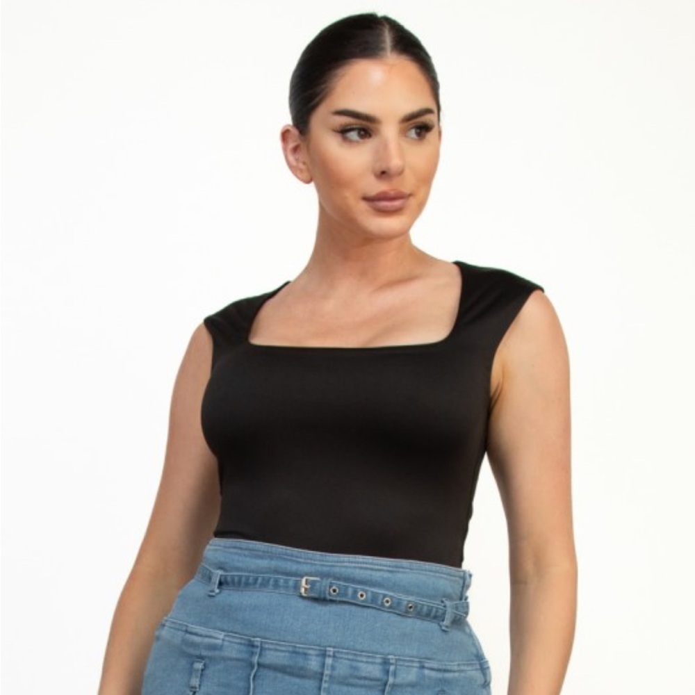 ON SALE A186. Black Square Double Layer Bodysuit